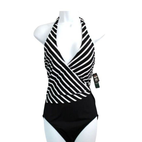 Black & White Halter Striped One-Piece Swimsuit With Wrap Front Design Back Tie - Picture 2 of 8